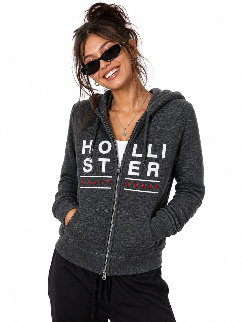 Hollister Y2K Zip Hoodie Gray Embroidered Logo California Fleece 2000s Street S